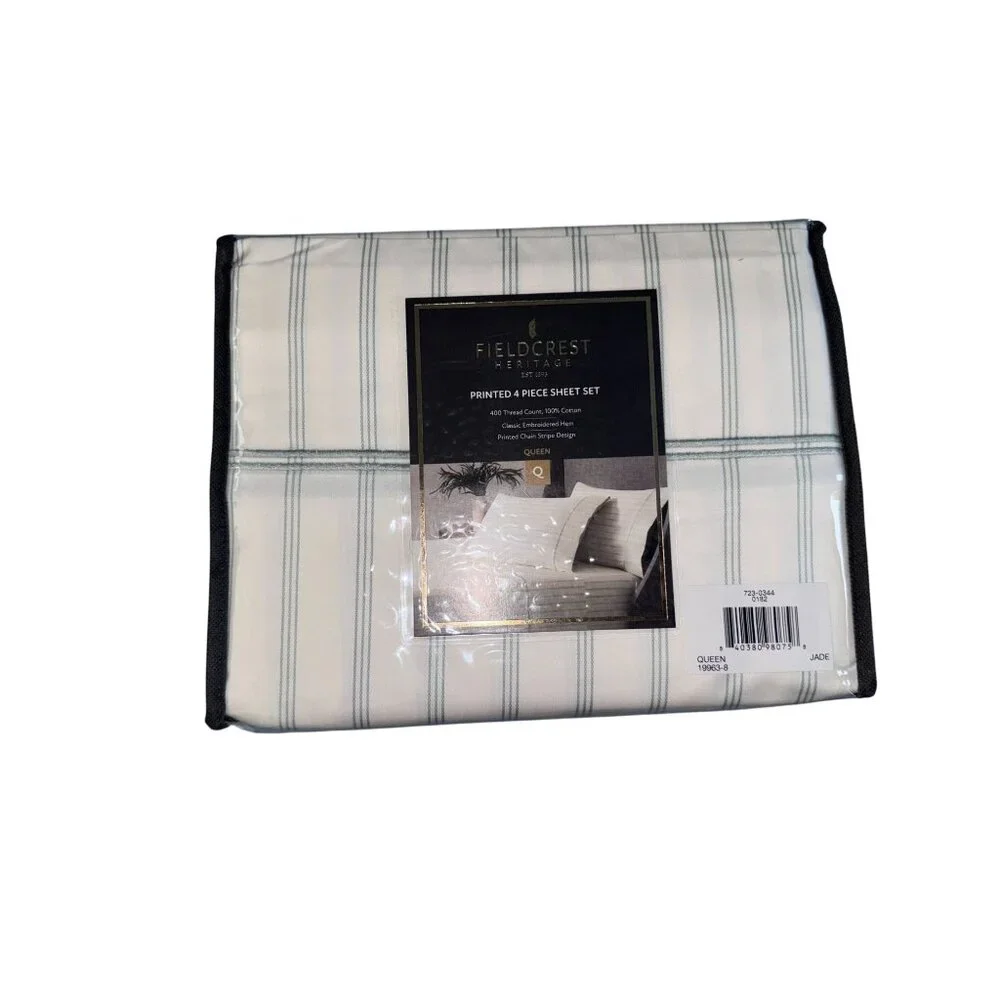 Fieldcrest Heritage 4-Piece Printed Queen Sheet Set 400TC 100% Cotton Chain Stri